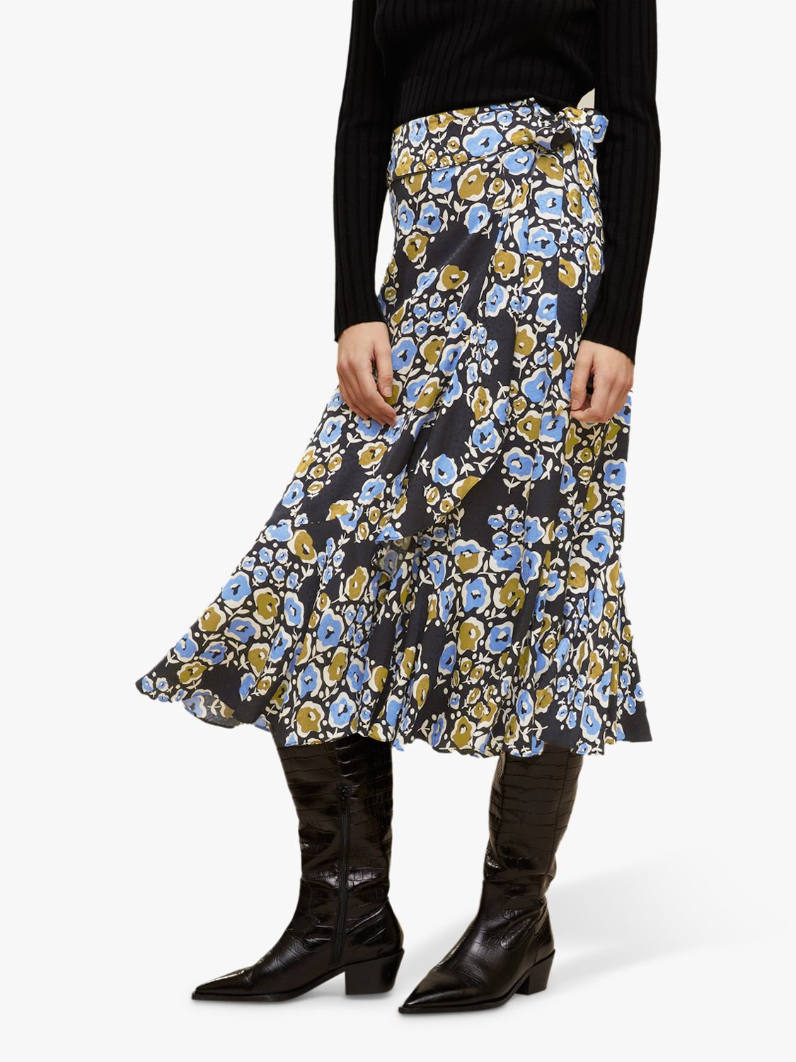 Jigsaw Graphic Poppy Print Midi Skirt, Black at John Lewis & Partners