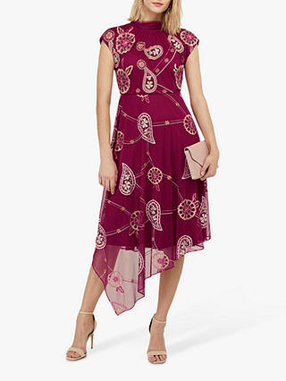 Monsoon Annelisse Embellished Floral Midi Dress, Berry