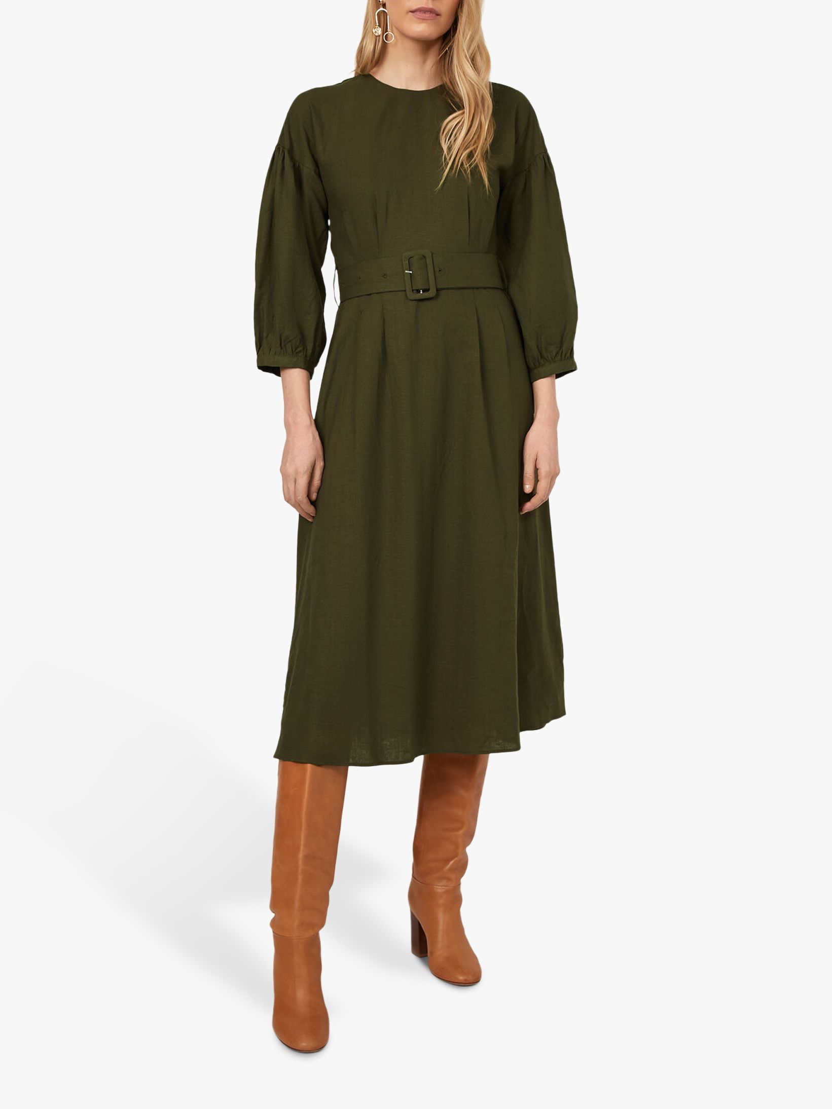 Warehouse Linen Belted Dress, Khaki