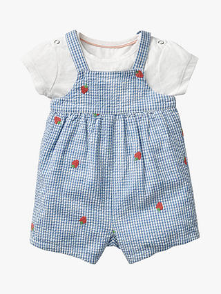 Mini Boden Baby Strawberry Embroidered Gingham Romper Set, Blue