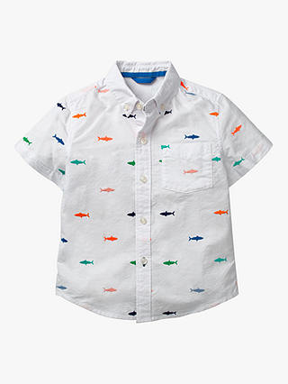 Mini Boden Boys' Embroidered Shirt, White Rainbow Shark