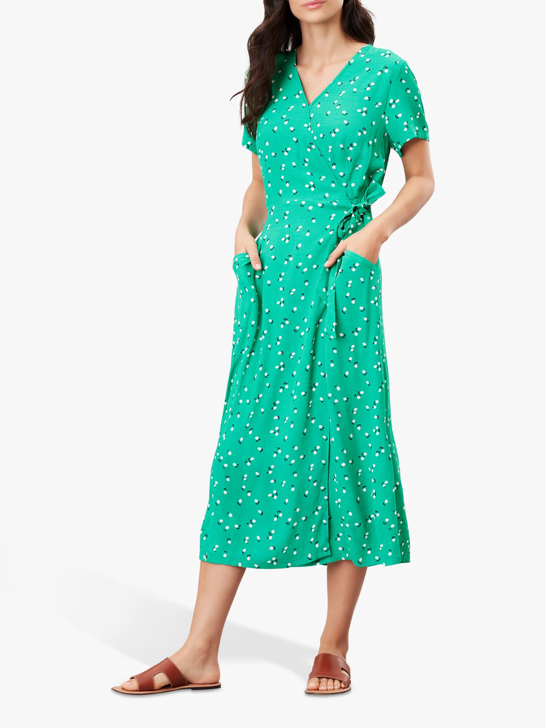 Joules Callie Wrap Floral Print Midi Dress, Green Lemon Ditsy