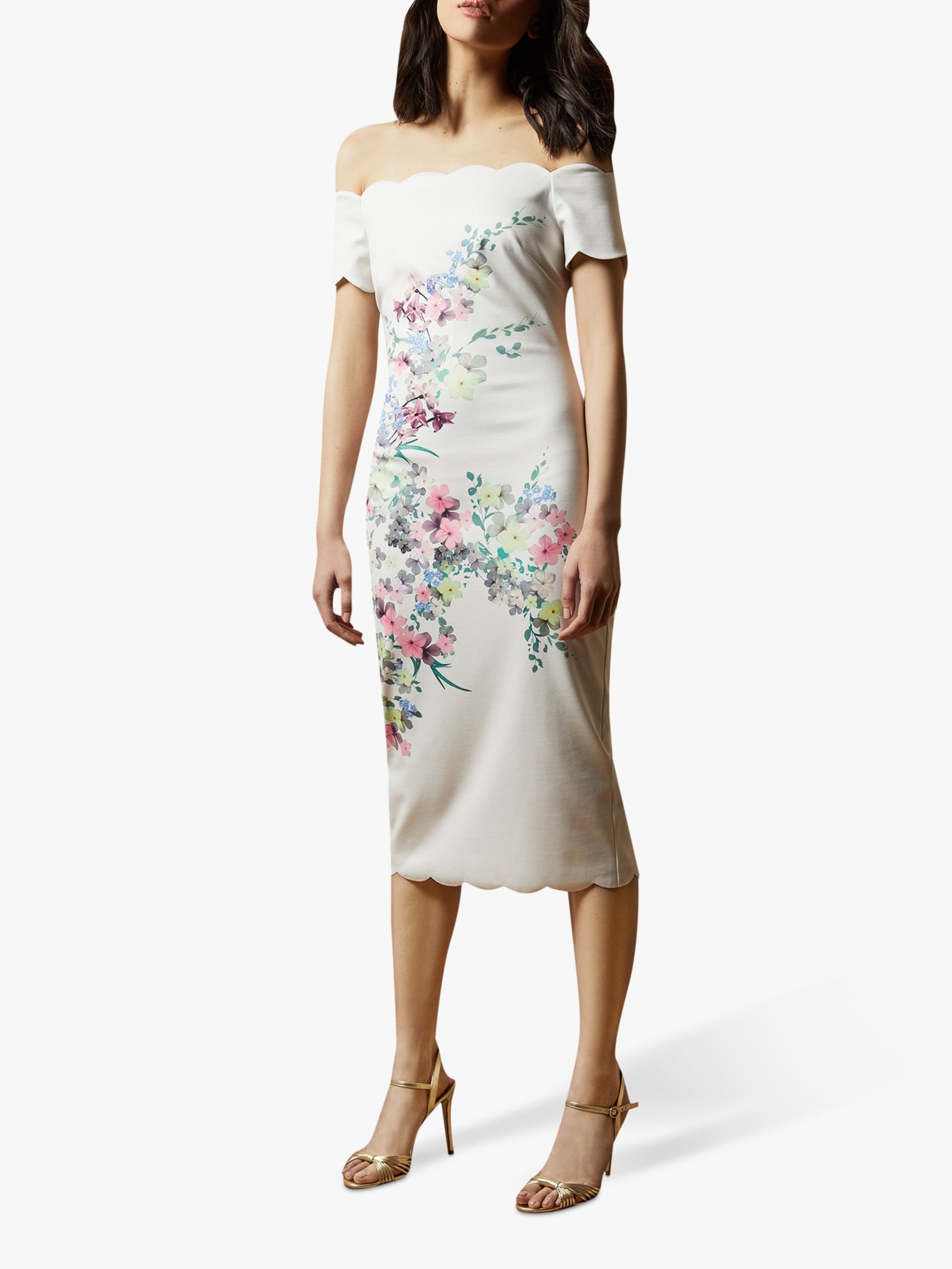 Ted Baker Trixiiy Scalloped A Floral Print Bardot Midi Dress, Natural Ivory