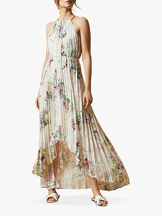 Ted Baker Threlin Floral Print Pleated Maxi Dress, Ivory, 6