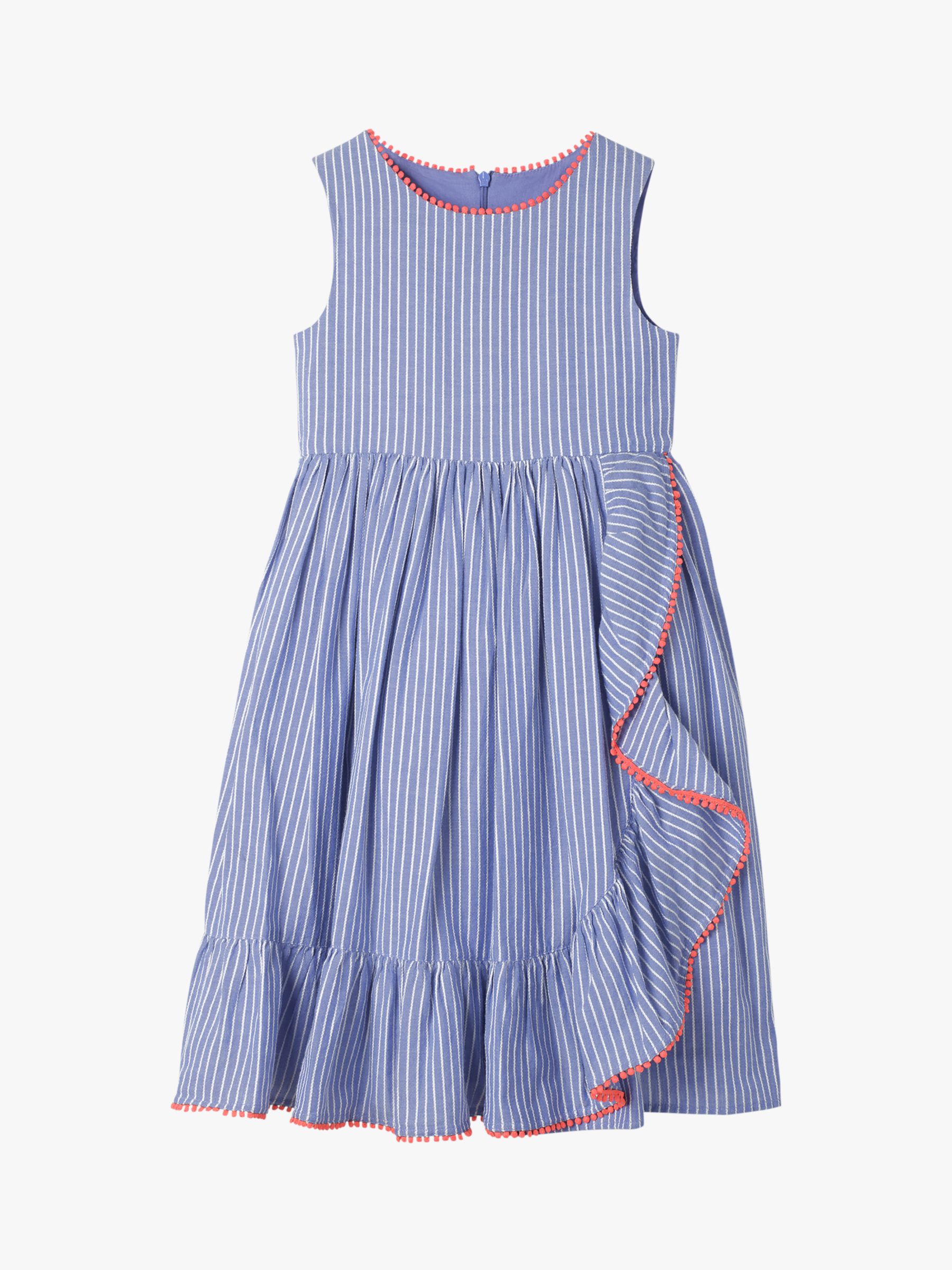 Mini Boden Girls' Ruffle Stripe Dress, Blue/White at John Lewis & Partners