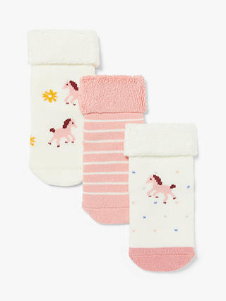 John Lewis & Partners Baby Horse Print Terry Socks, Pack of 3, Pink