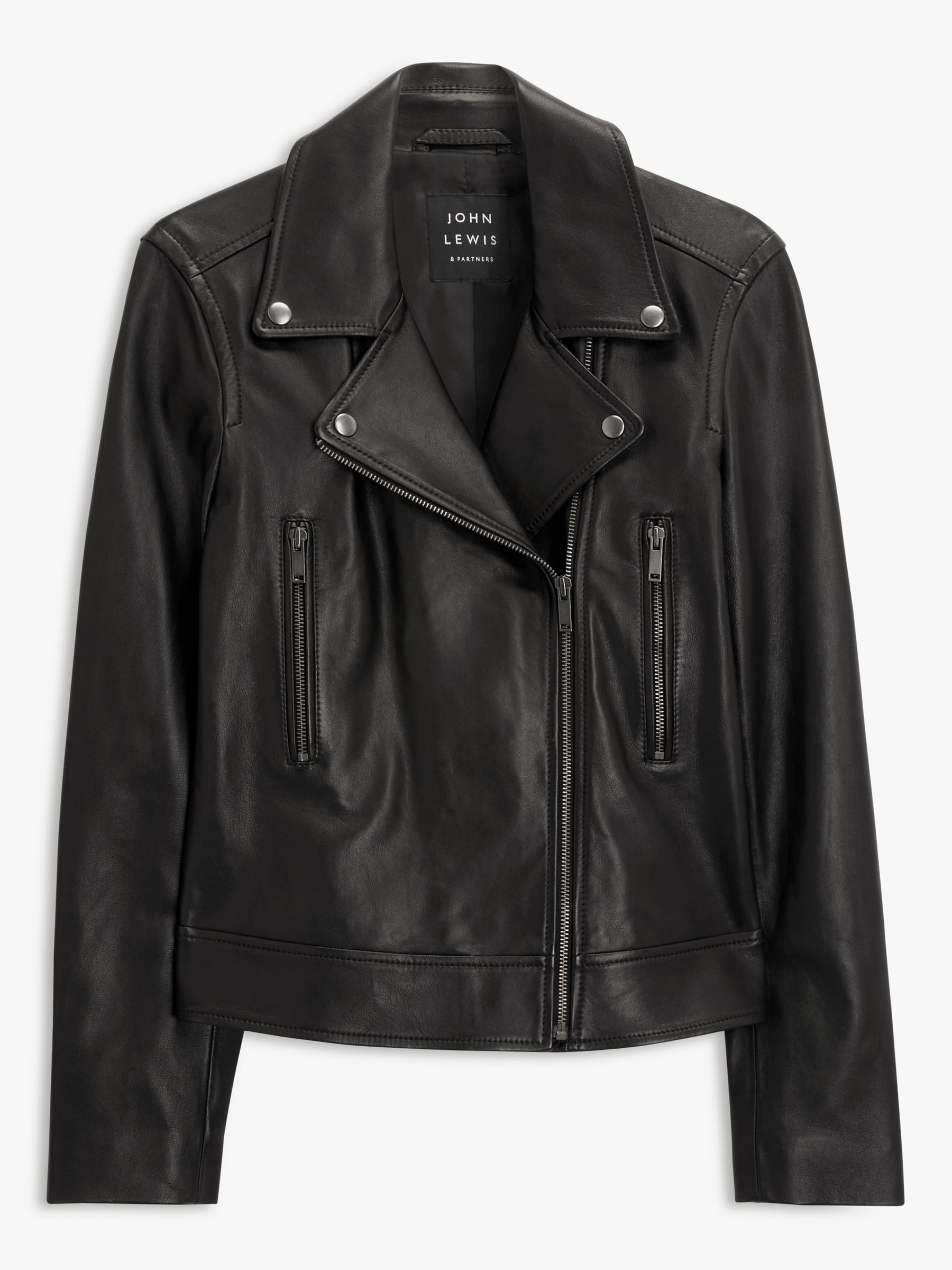 John Lewis Leather Biker Jacket, Black, Black at John Lewis & Partners