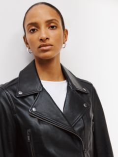 John Lewis Leather Biker Jacket, Black, 8