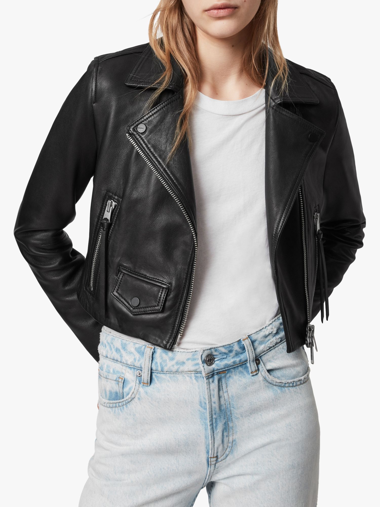 AllSaints Elora Biker Leather Jacket, Black at John Lewis & Partners