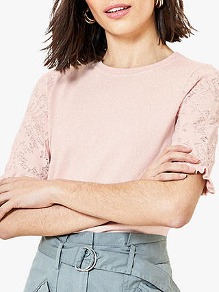 Oasis Frill Lace Knit Jumper, Pale Pink