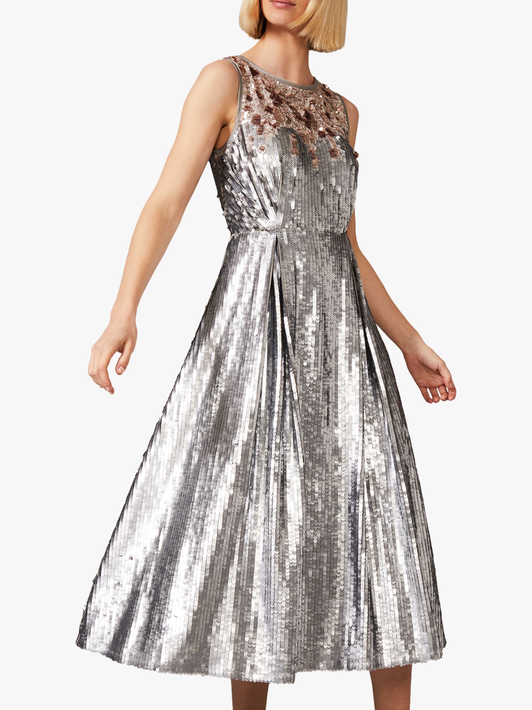 Phase Eight Lainey Shimmer Sequined Midi Dress, Silver, 6