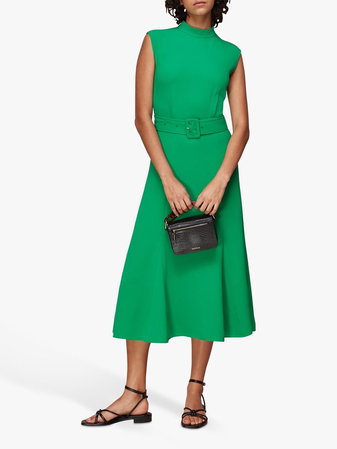 Whistles Penny Sleeveless Belted Dress, Green at John Lewis & Partners