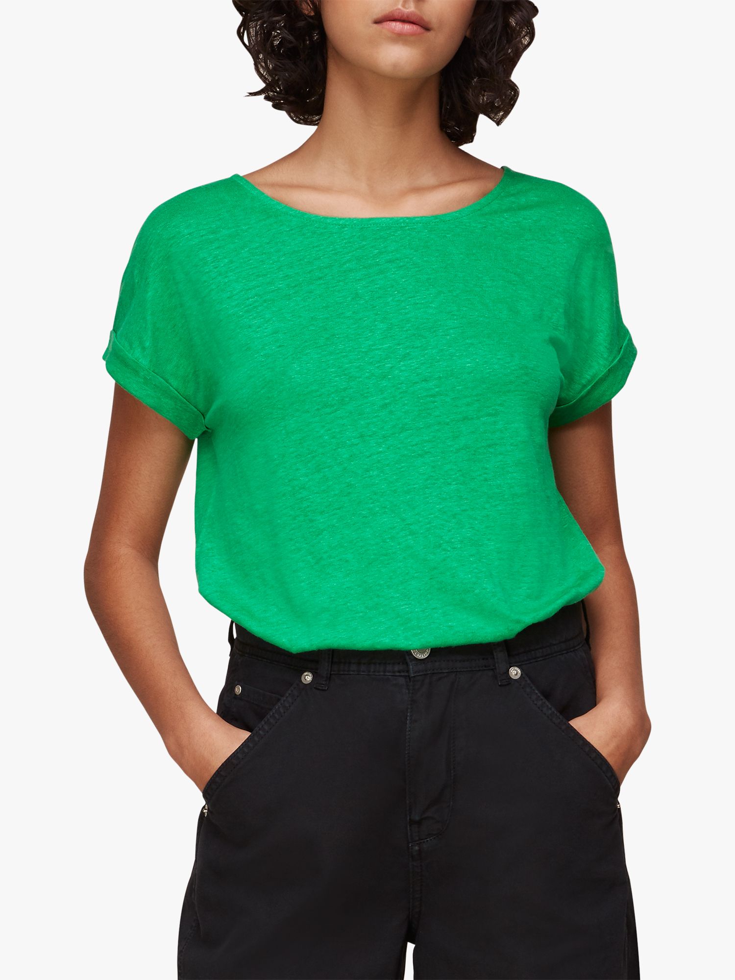 Whistles Short Sleeve Linen T-Shirt, Green at John Lewis & Partners