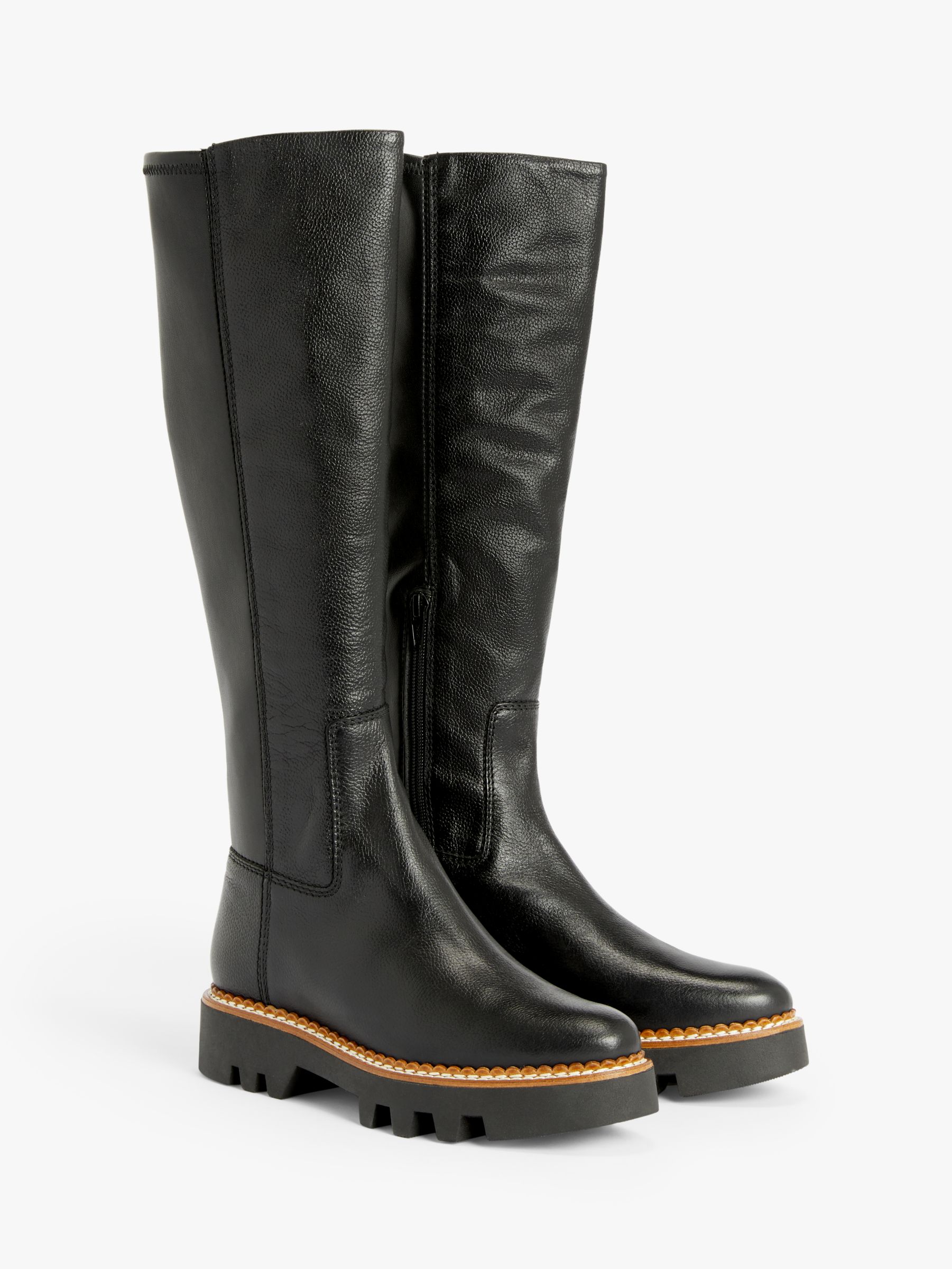 Kin Thea Leather Cleated Long Boots, Black at John Lewis & Partners