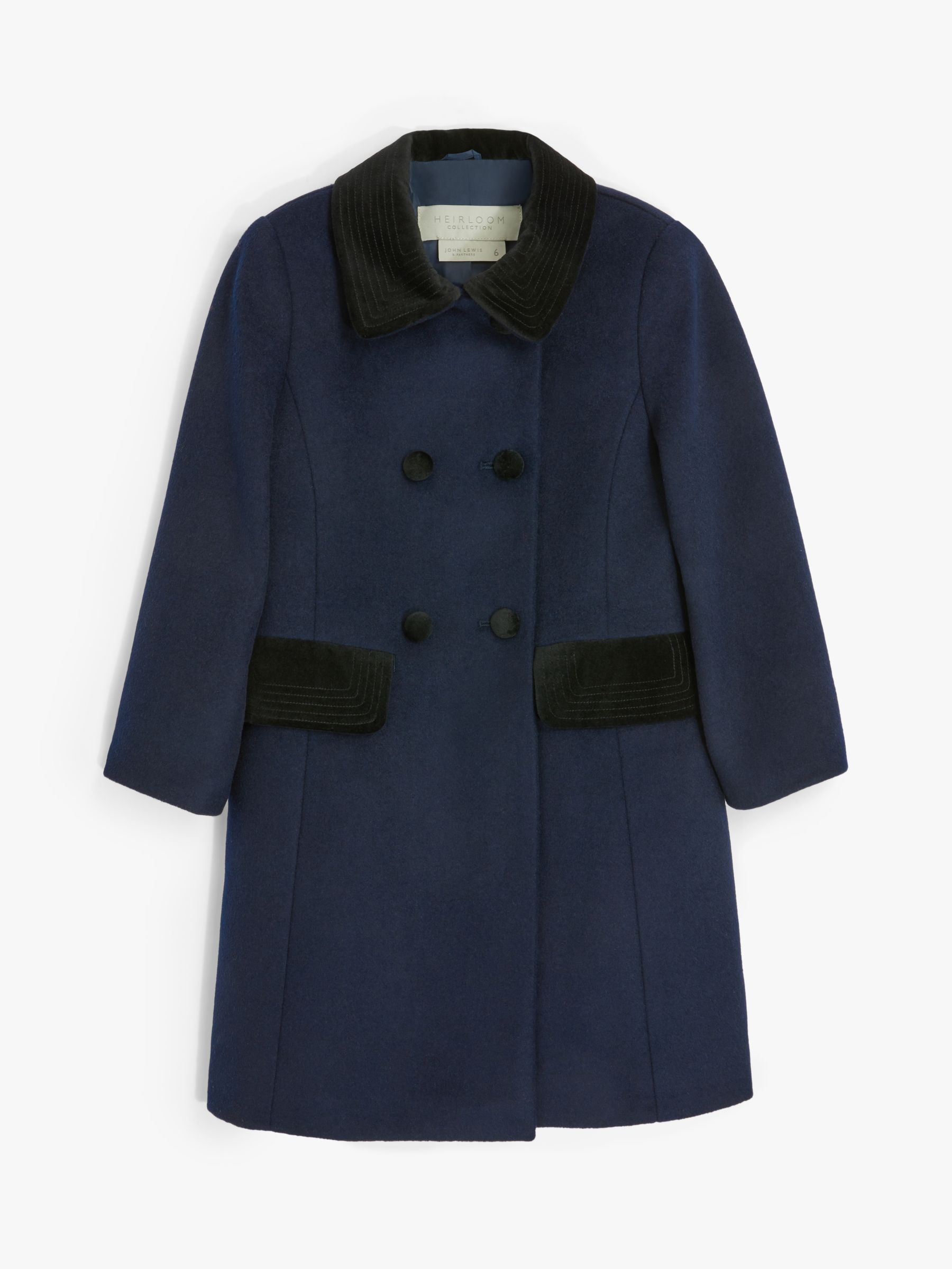 John Lewis & Partners Heirloom Collection Girls' Velvet Collar Coat, Navy