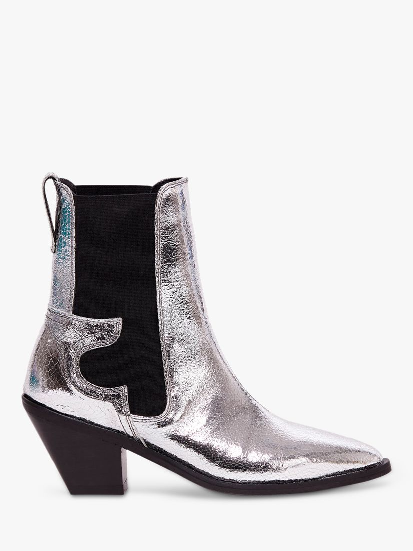 AllSaints Sara Leather Cuban Heel Ankle Boots, Silver