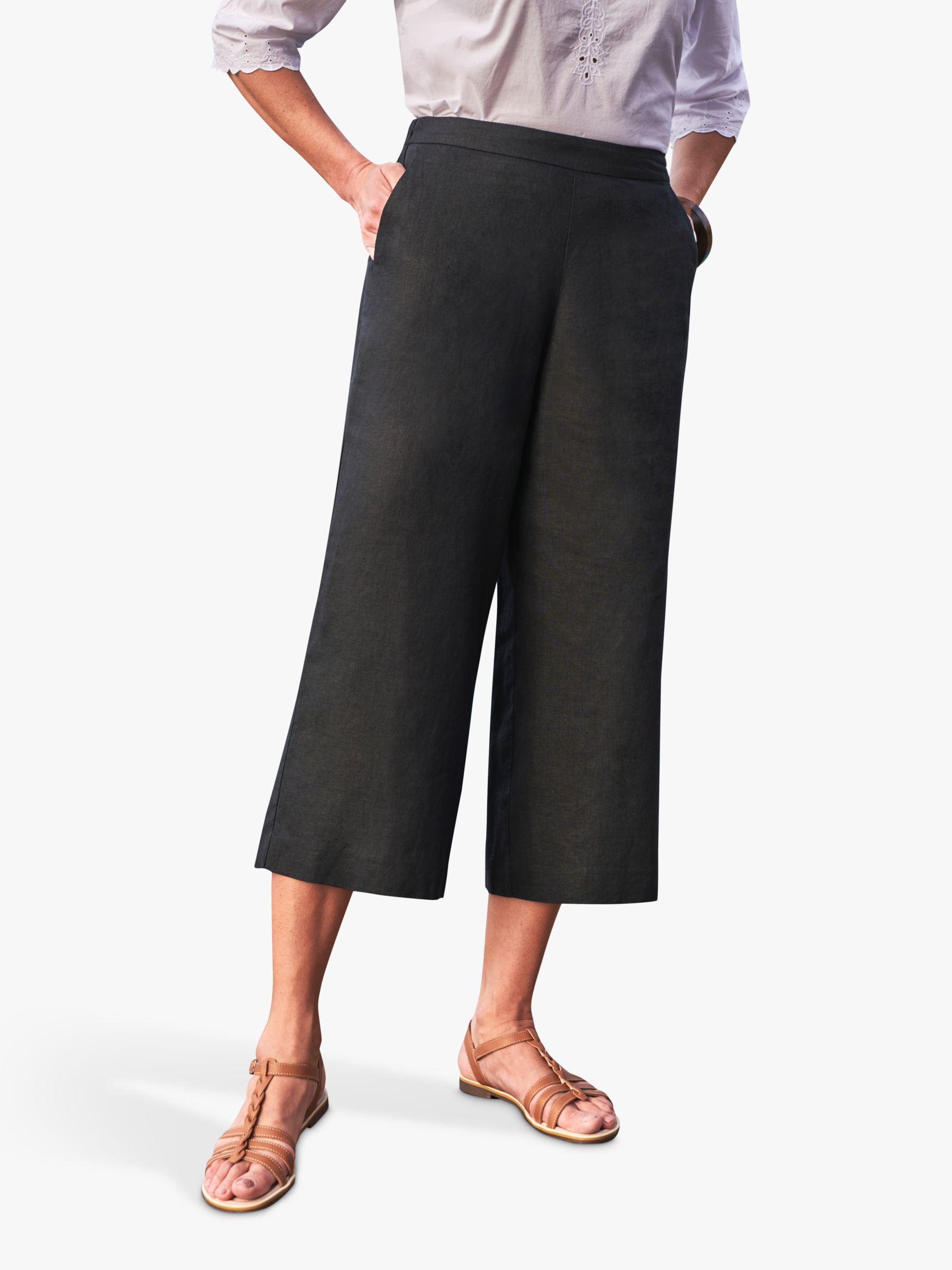 Pure Collection Cropped Linen Trousers, Black at John Lewis & Partners