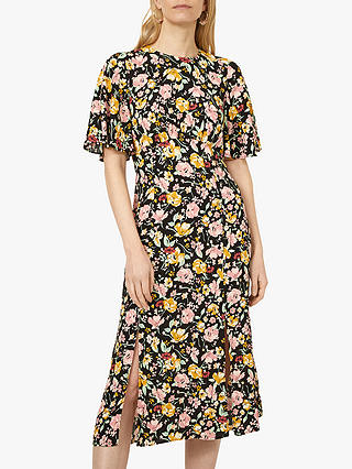 Warehouse Riviera Floral Print Midi Dress, Black/Multi