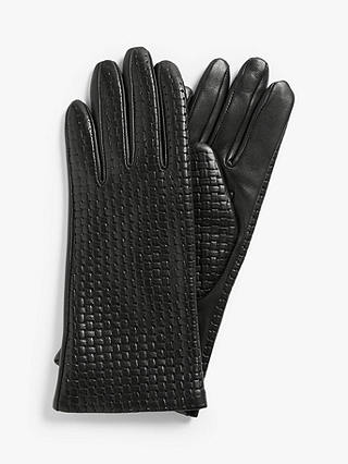 John Lewis Cashmere Lined Weave Pattern Leather Gloves, Black