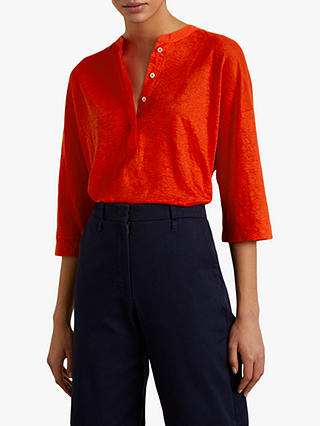 Jigsaw Placket 3/4 Length Sleeve Linen Shirt, Flame Red