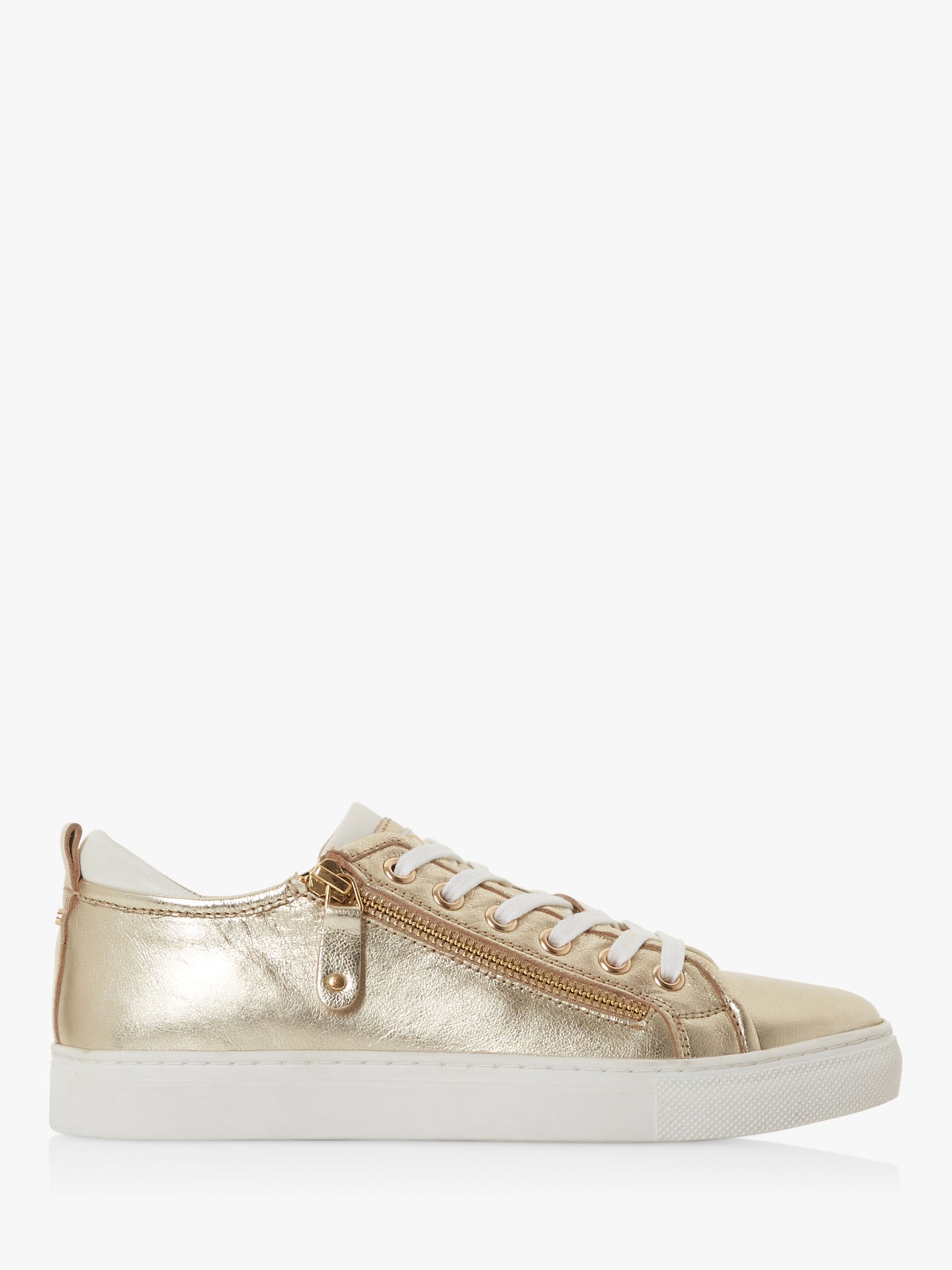 Dune Elicia Leather Side Zip Trainers, Gold