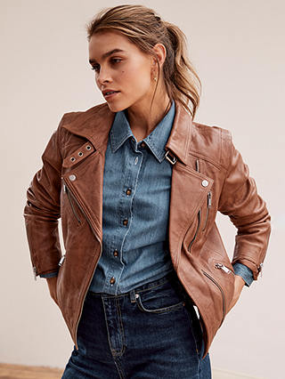 Mint Velvet Leather Biker Jacket, Brown/Multi