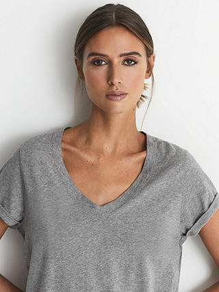 Reiss Luana Cotton V-Neck T-Shirt, Grey Marl 
