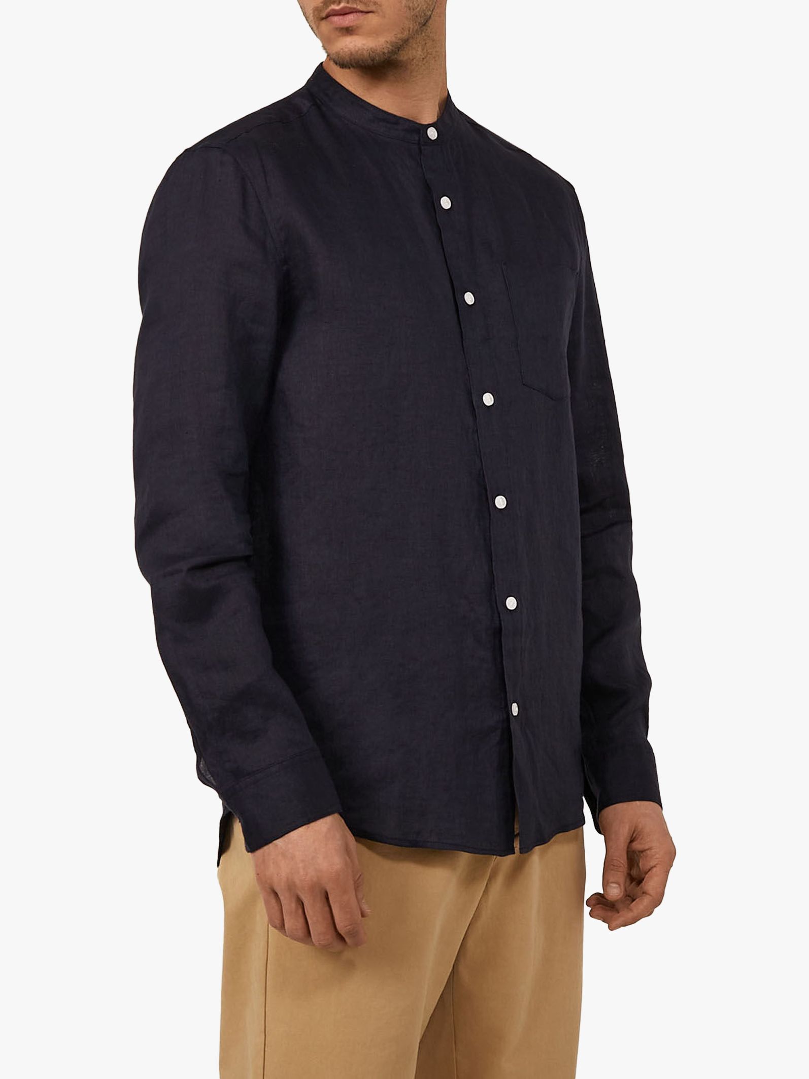 Warehouse Linen Grandad Collar Shirt, Navy at John Lewis & Partners