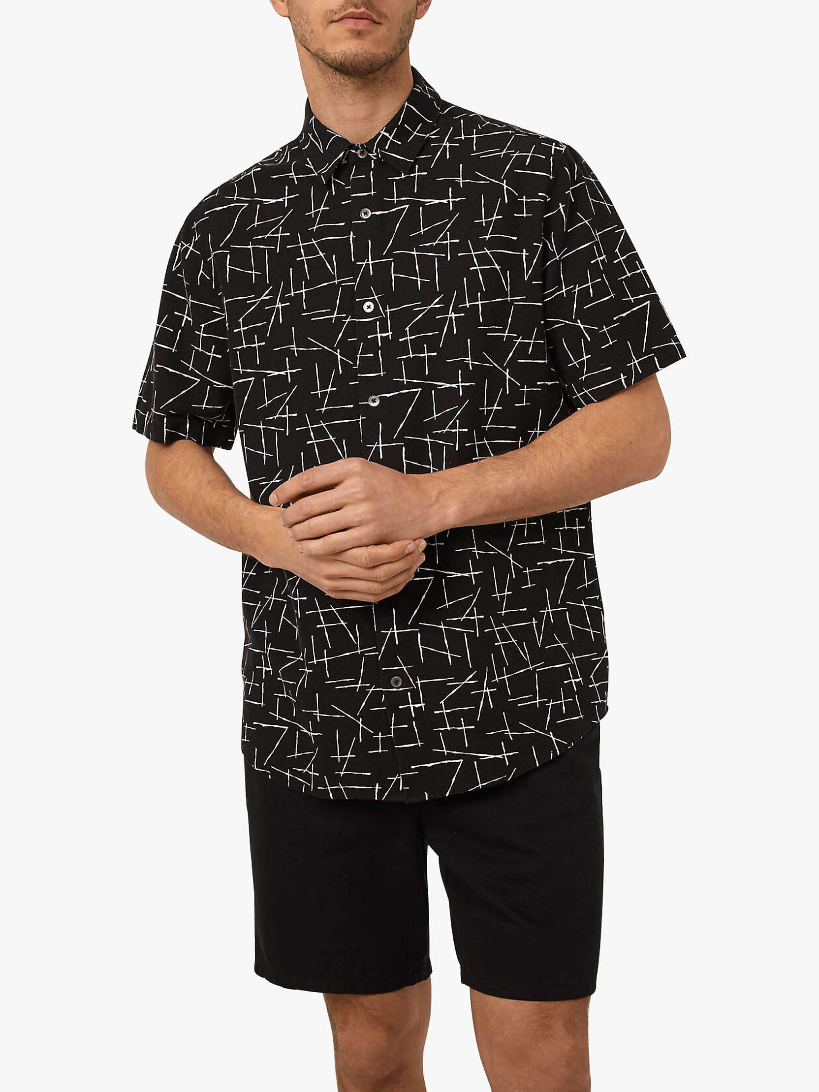 Warehouse Short Sleeve Line Print Linen Blend Shirt, Black Pattern at ...