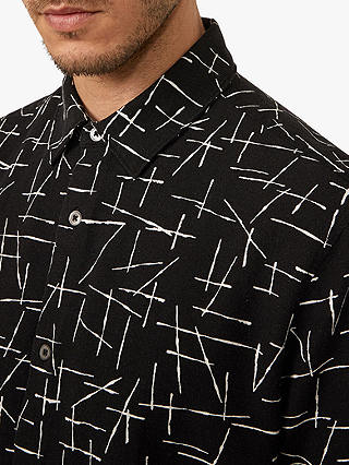 Warehouse Short Sleeve Line Print Linen Blend Shirt, Black Pattern
