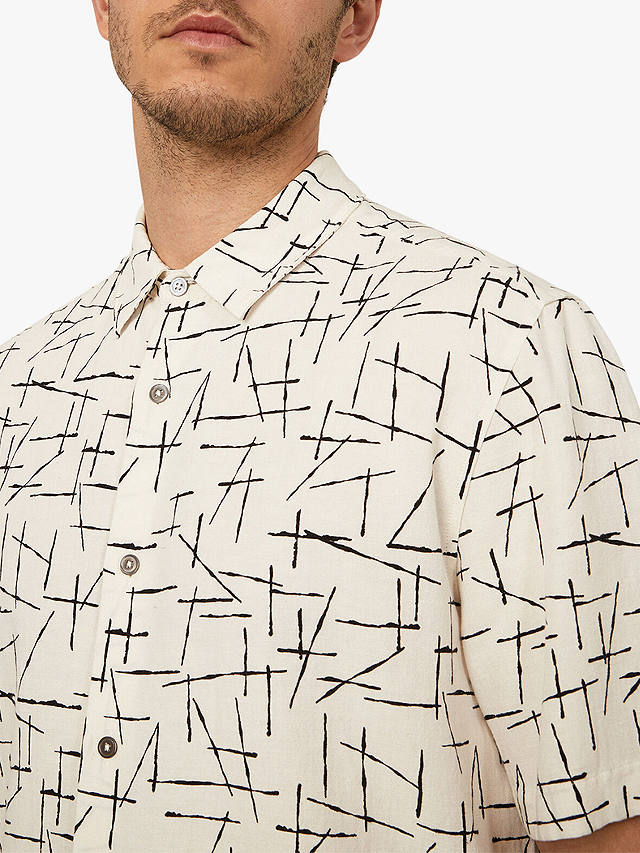 Warehouse Short Sleeve Line Print Linen Blend Shirt, Stone