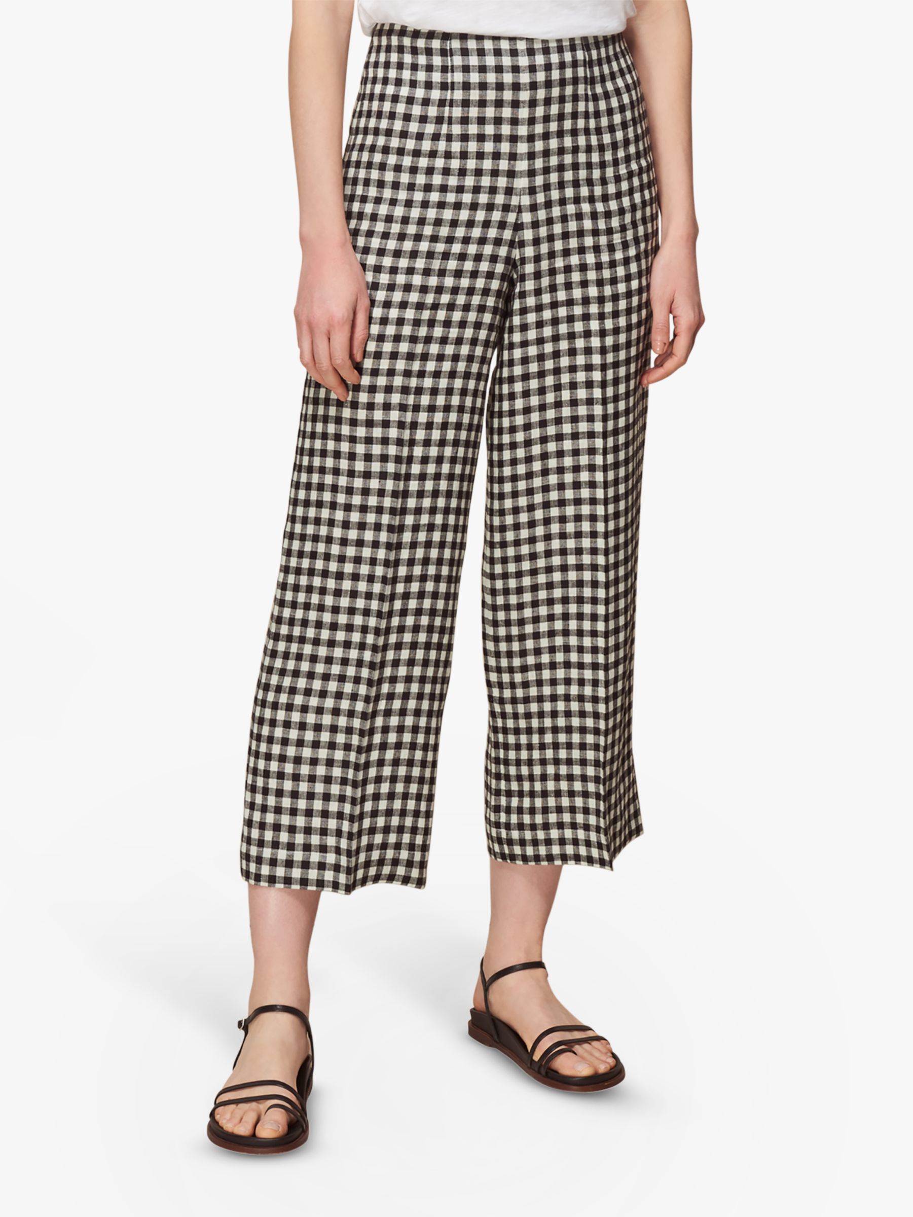 Whistles Gingham Print Cropped Linen Trousers, Black/White
