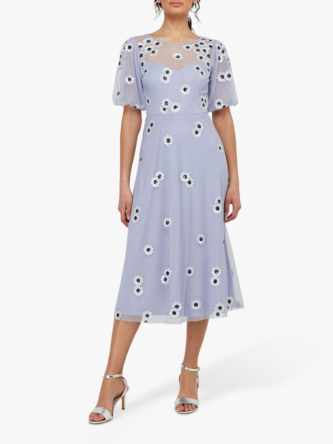 Monsoon Bryony Sequin Daisy Midi Dress, Lilac