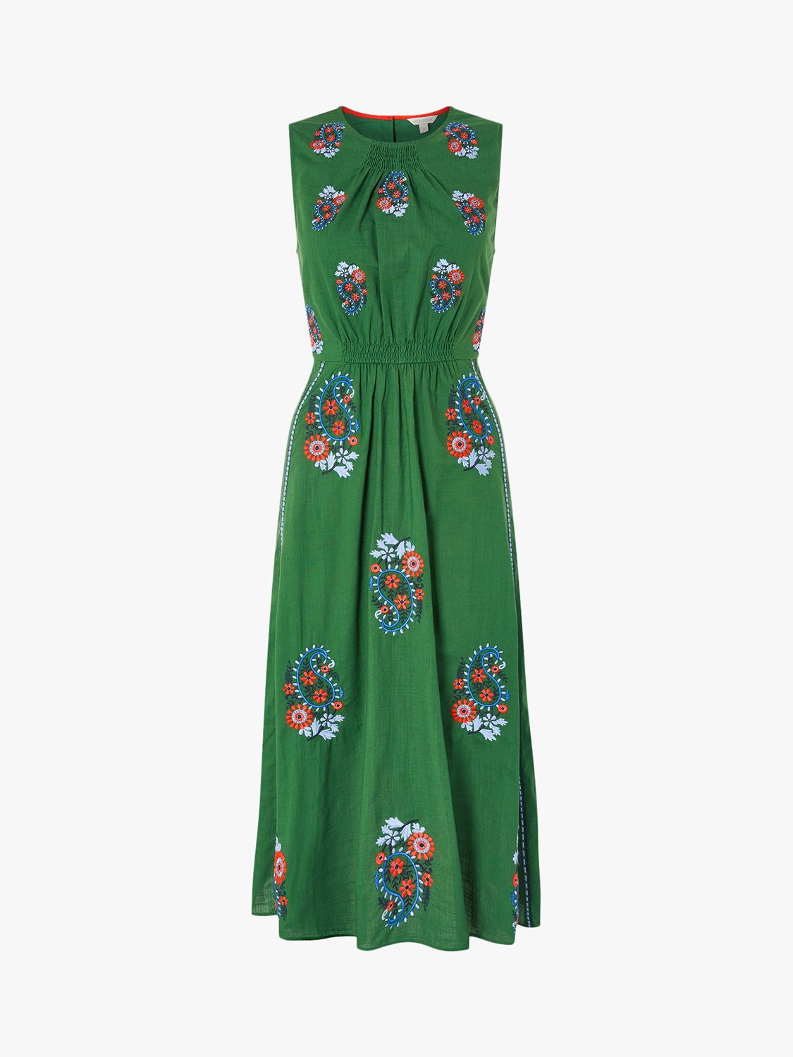 Monsoon Etti Embroidered Paisley Midi Dress, Green, S