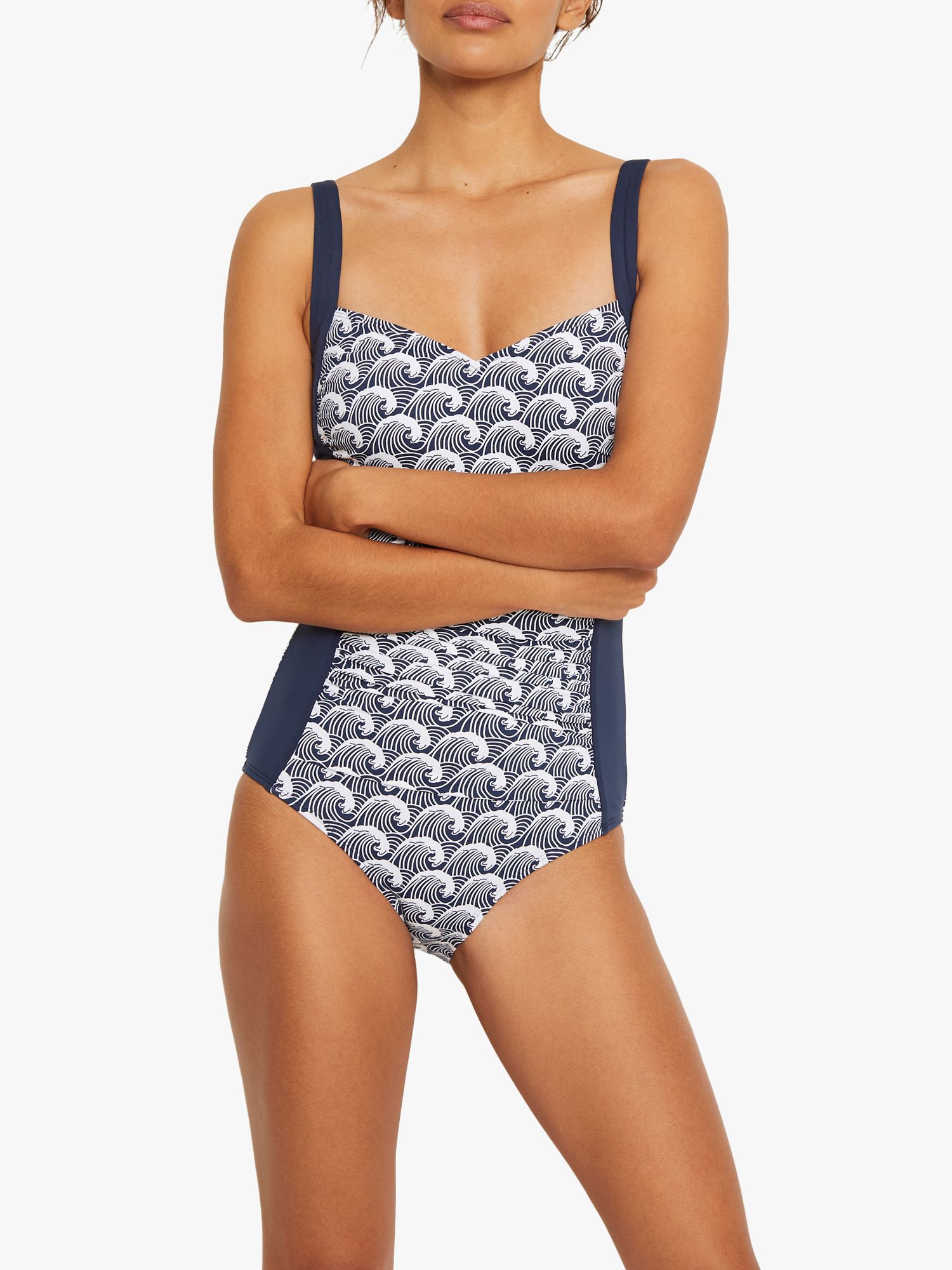White Stuff Wave Print Ruched Swimsuit, Rich Navy