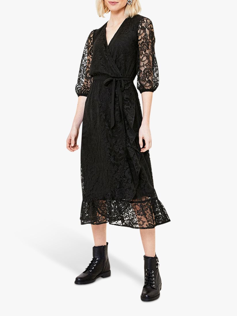 Oasis Lace Wrap Midi Dress, Black