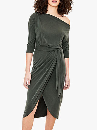 Oasis Asymmetric Neck Cupro Wrap Belted Dress, Khaki