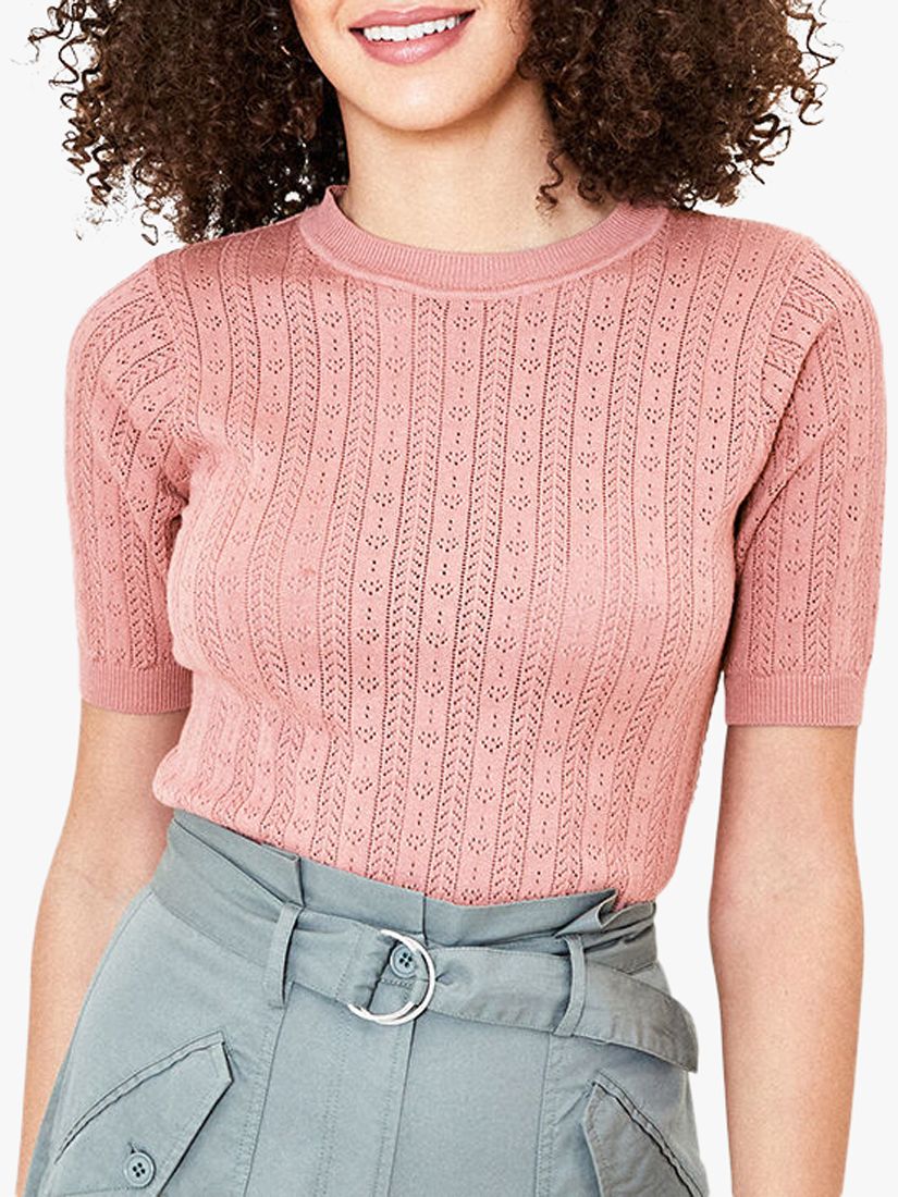 Oasis Pointelle Short Sleeve Knit, Pale Pink, XS
