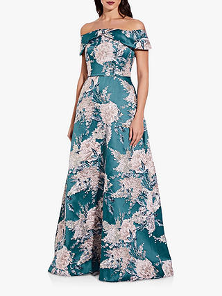 Adrianna Papell Off Shoulder Floral Print Jacquard Dress, Teal/Multi