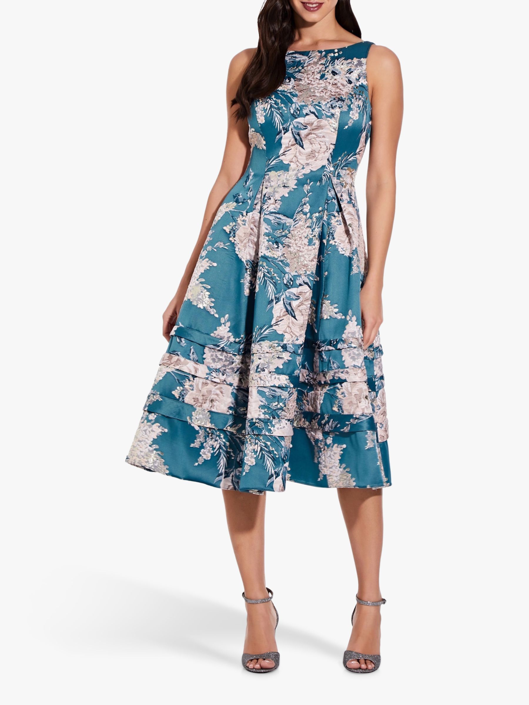 Adrianna Papell Jacquard Floral Print Flared Midi Dress, Teal/Multi