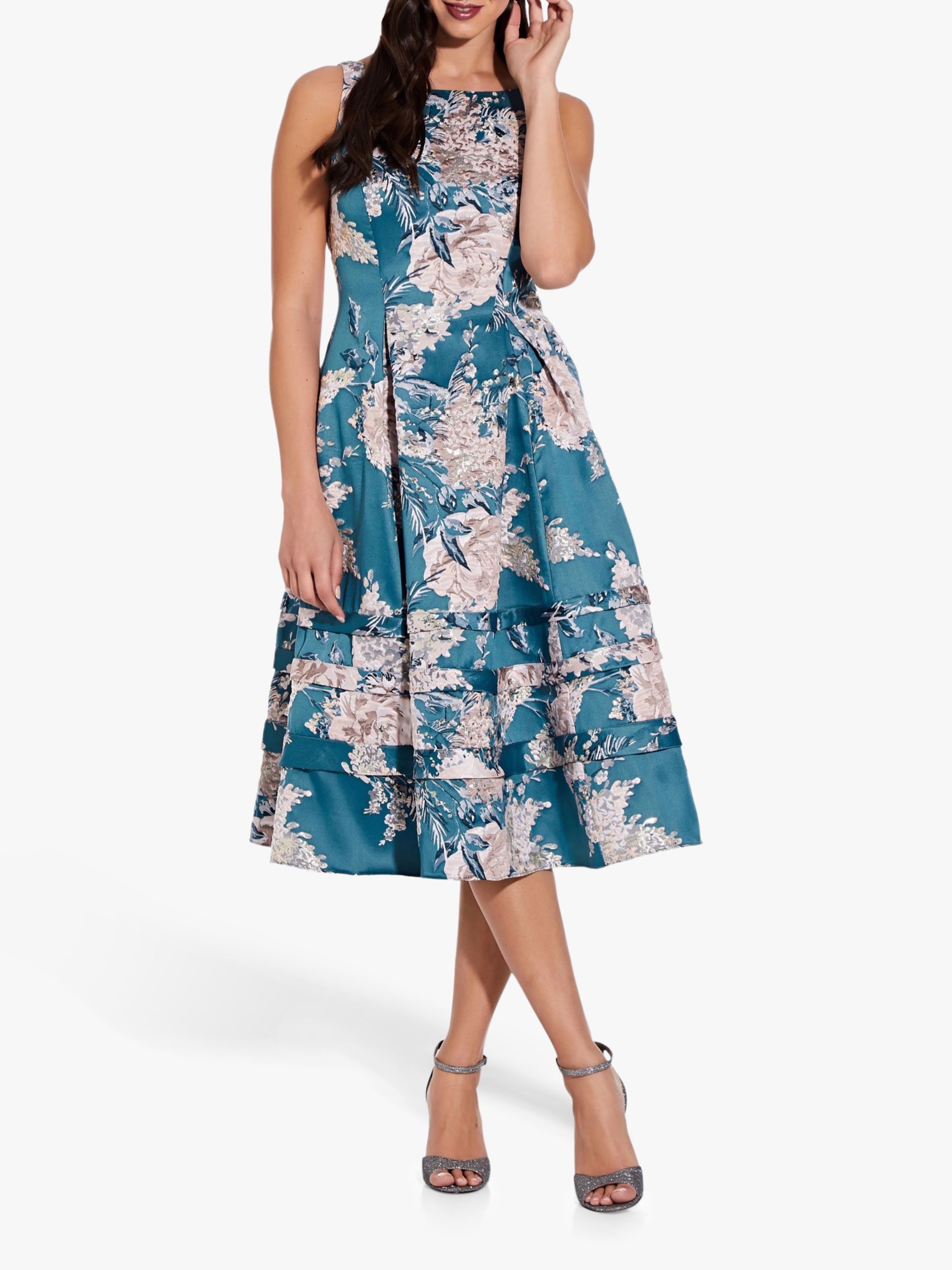 Adrianna Papell Jacquard Floral Print Flared Midi Dress, Teal/Multi