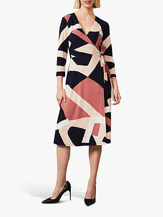 Phase Eight Nelly Abstract Print Knee Length Wrap Dress, Navy/Nude