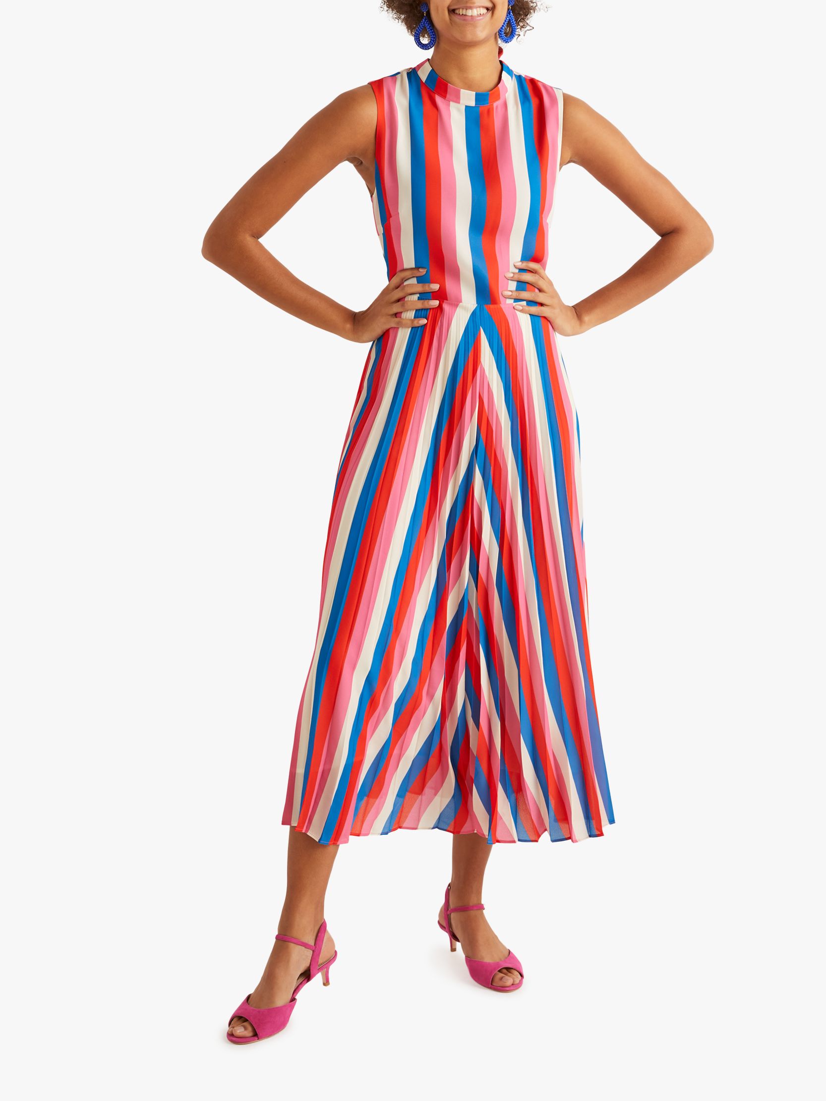 Boden Jocelyn Pleated Midi Dress, Bold Blue Stripe at John Lewis & Partners