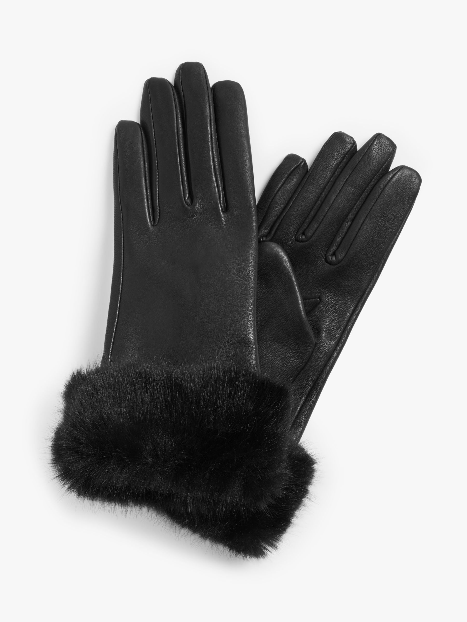 John Lewis & Partners Faux Fur Trim Leather Gloves, Black at John Lewis ...
