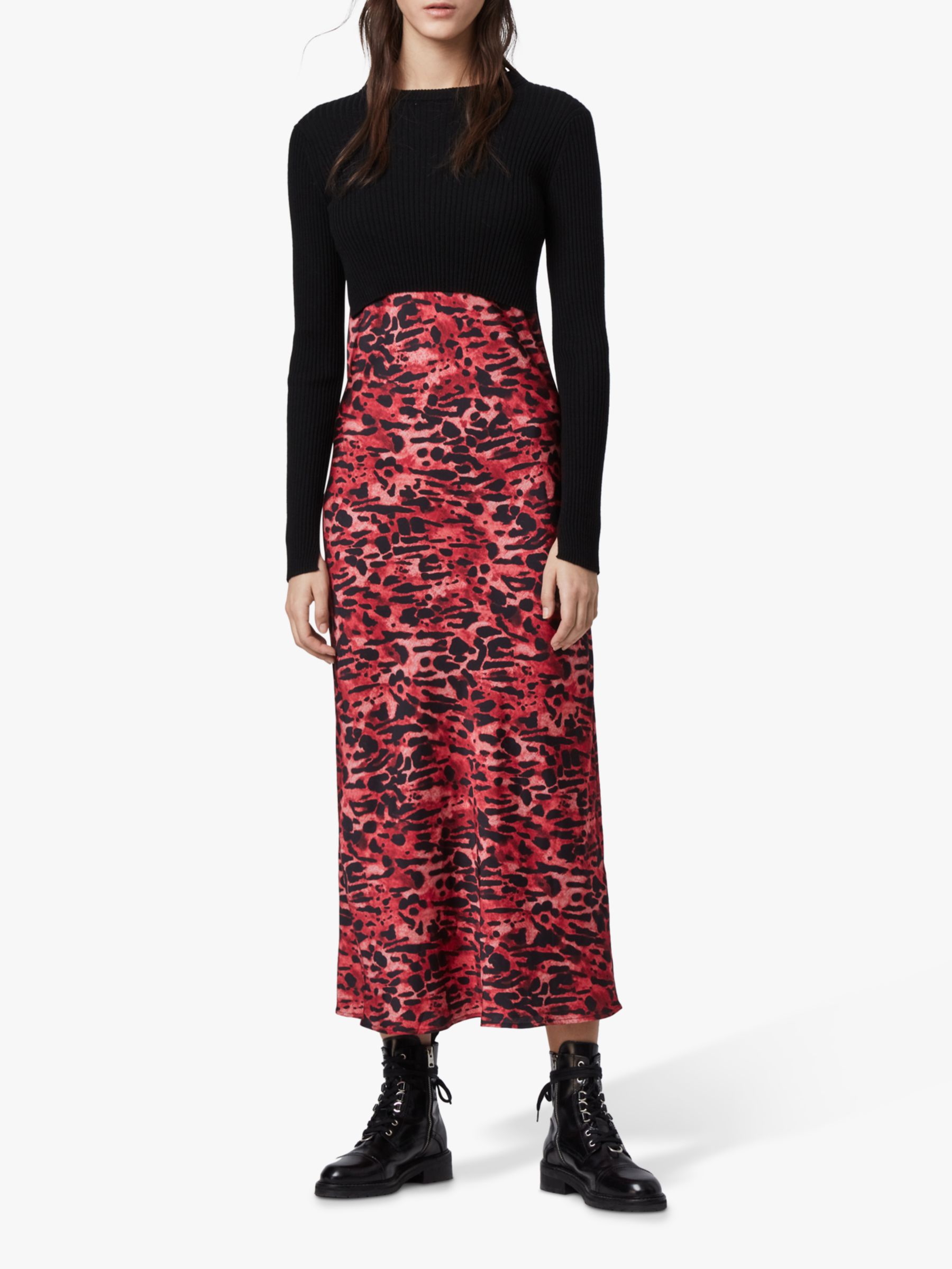 AllSaints Hera Ambient Jumper Animal Print Slip Dress, Black/Red at ...