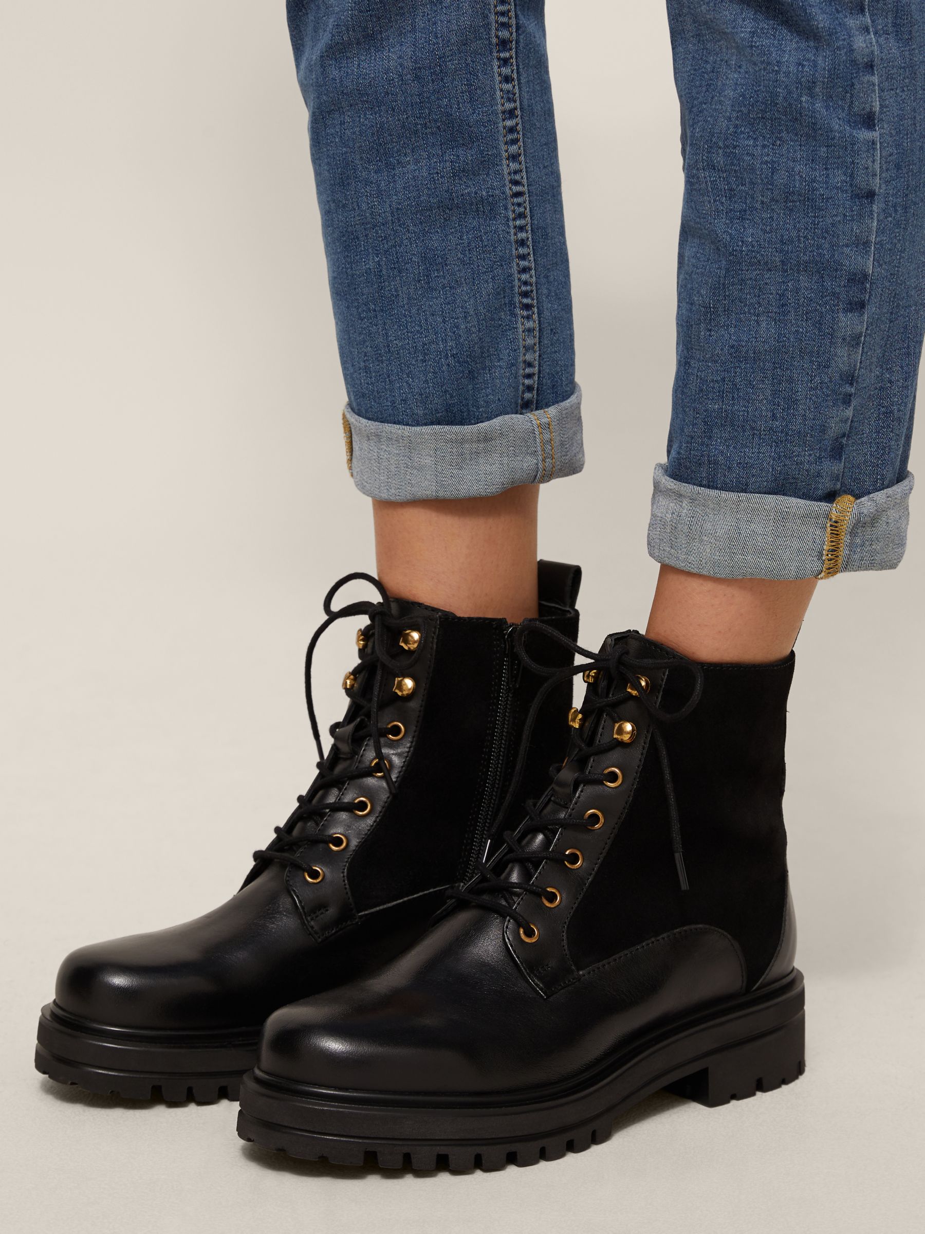 John Lewis & Partners Piccadilly Leather Chunky Biker Boots, Black at ...