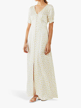 Ghost Hollie Floral Satin Maxi Dress, Natural/Yellow