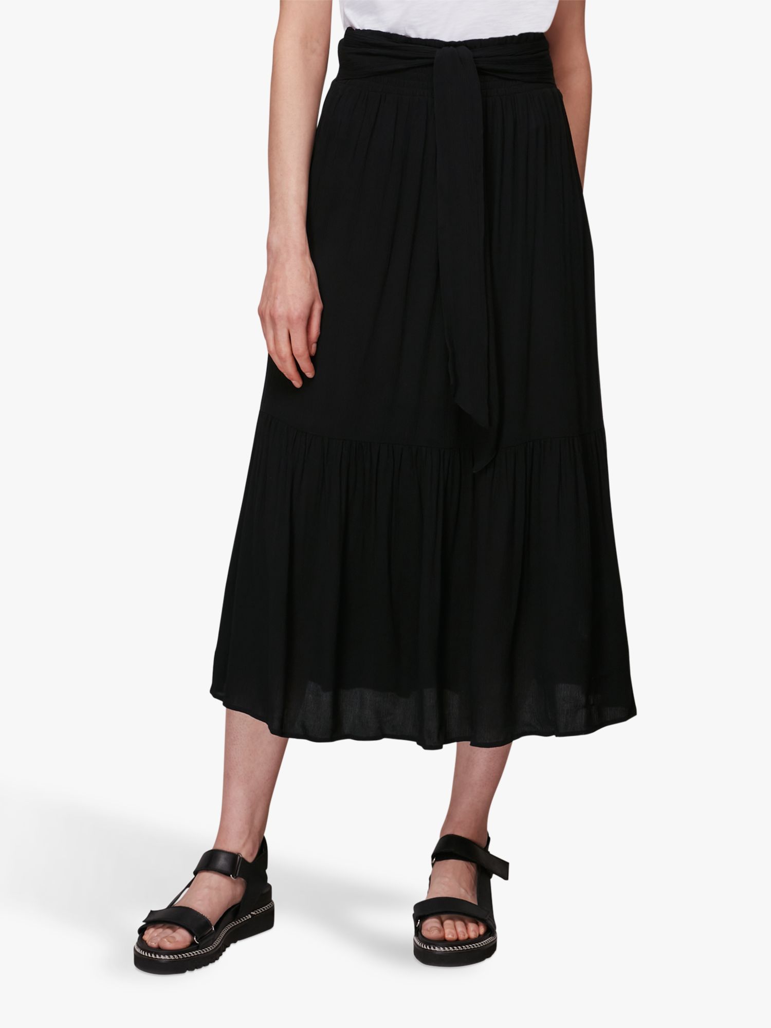 Whistles Smocked Midi Skirt, Black