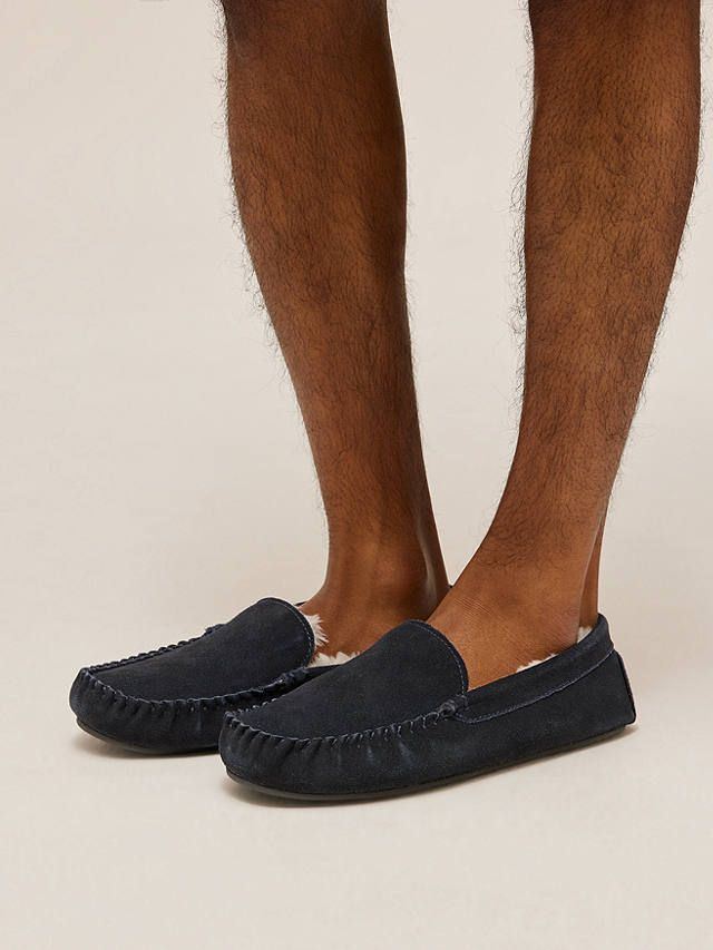 John Lewis Faux Fur Moccasin Suede Slippers, Navy