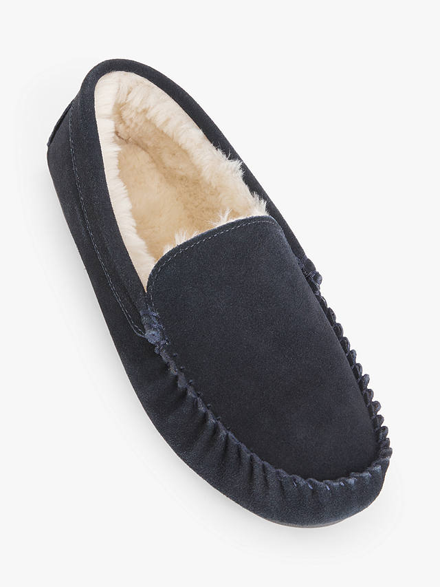 John Lewis Faux Fur Moccasin Suede Slippers, Navy